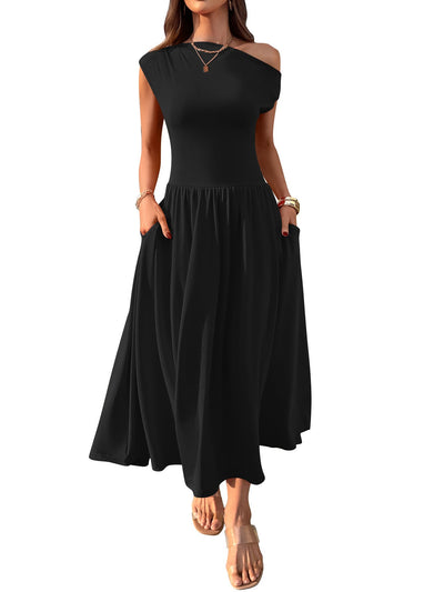 Slant Shoulder Sexy Waist Trimming Long With Pocket Dress - MH TRENDS & STYLES