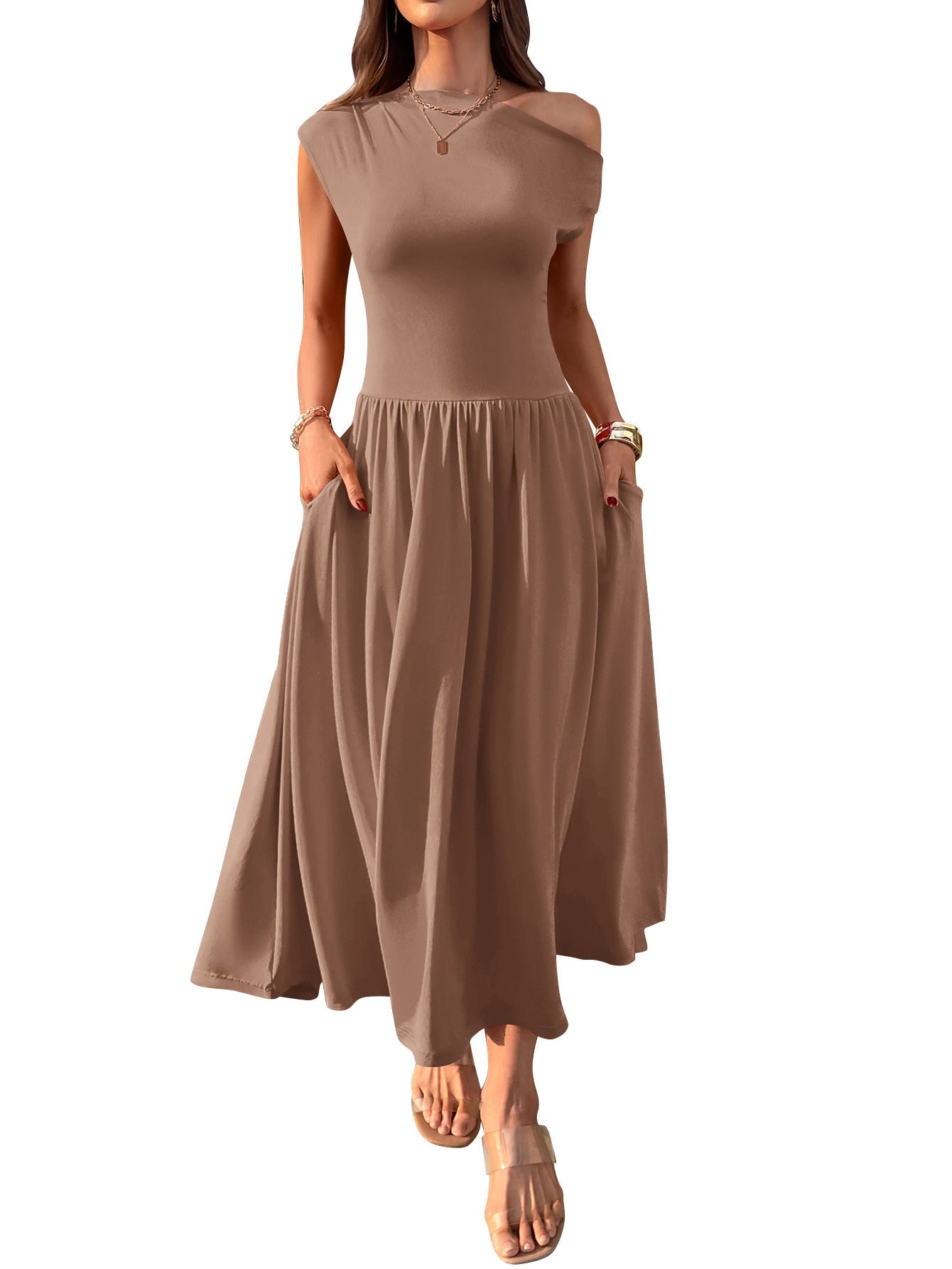 Slant Shoulder Sexy Waist Trimming Long With Pocket Dress - MH TRENDS & STYLES