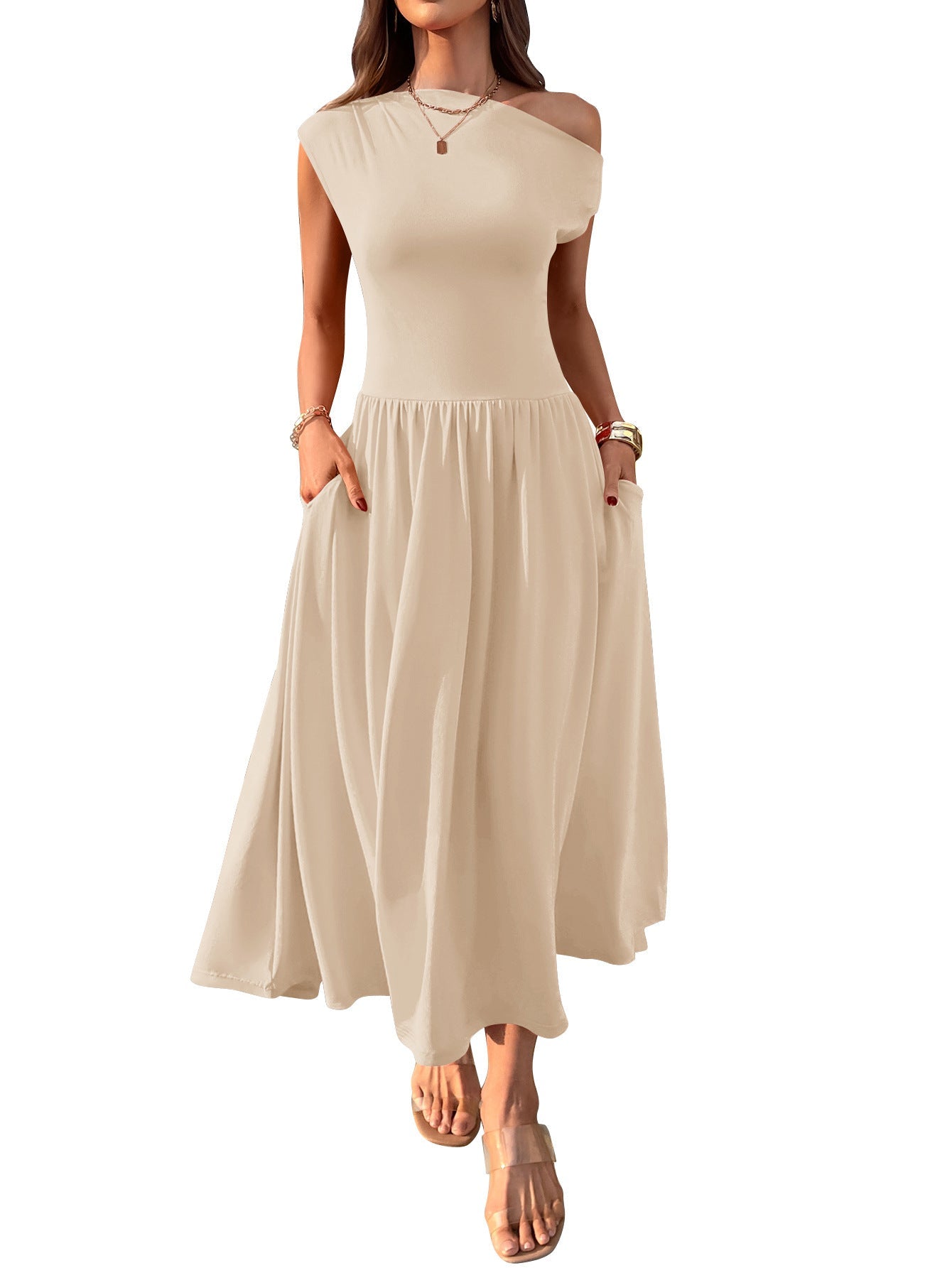 Slant Shoulder Sexy Waist Trimming Long With Pocket Dress - MH TRENDS & STYLES