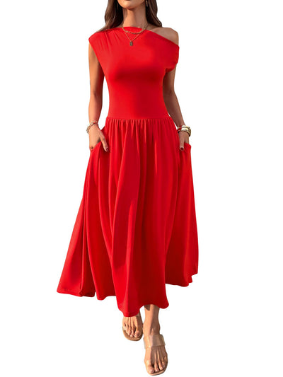 Slant Shoulder Sexy Waist Trimming Long With Pocket Dress - MH TRENDS & STYLES
