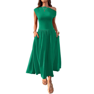 Slant Shoulder Sexy Waist Trimming Long With Pocket Dress - MH TRENDS & STYLES