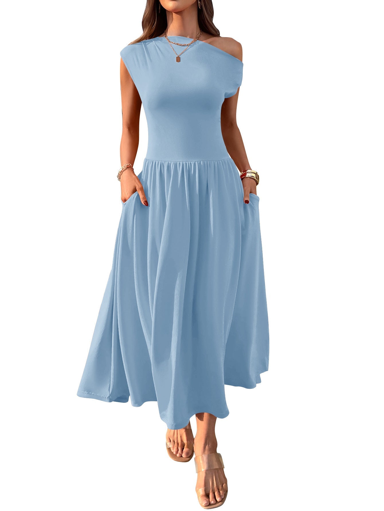 Slant Shoulder Sexy Waist Trimming Long With Pocket Dress - MH TRENDS & STYLES
