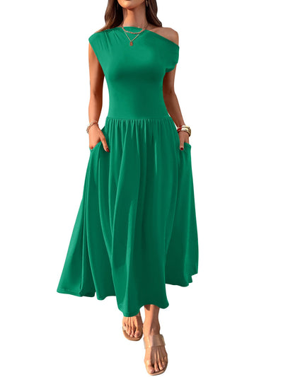 Slant Shoulder Sexy Waist Trimming Long With Pocket Dress - MH TRENDS & STYLES