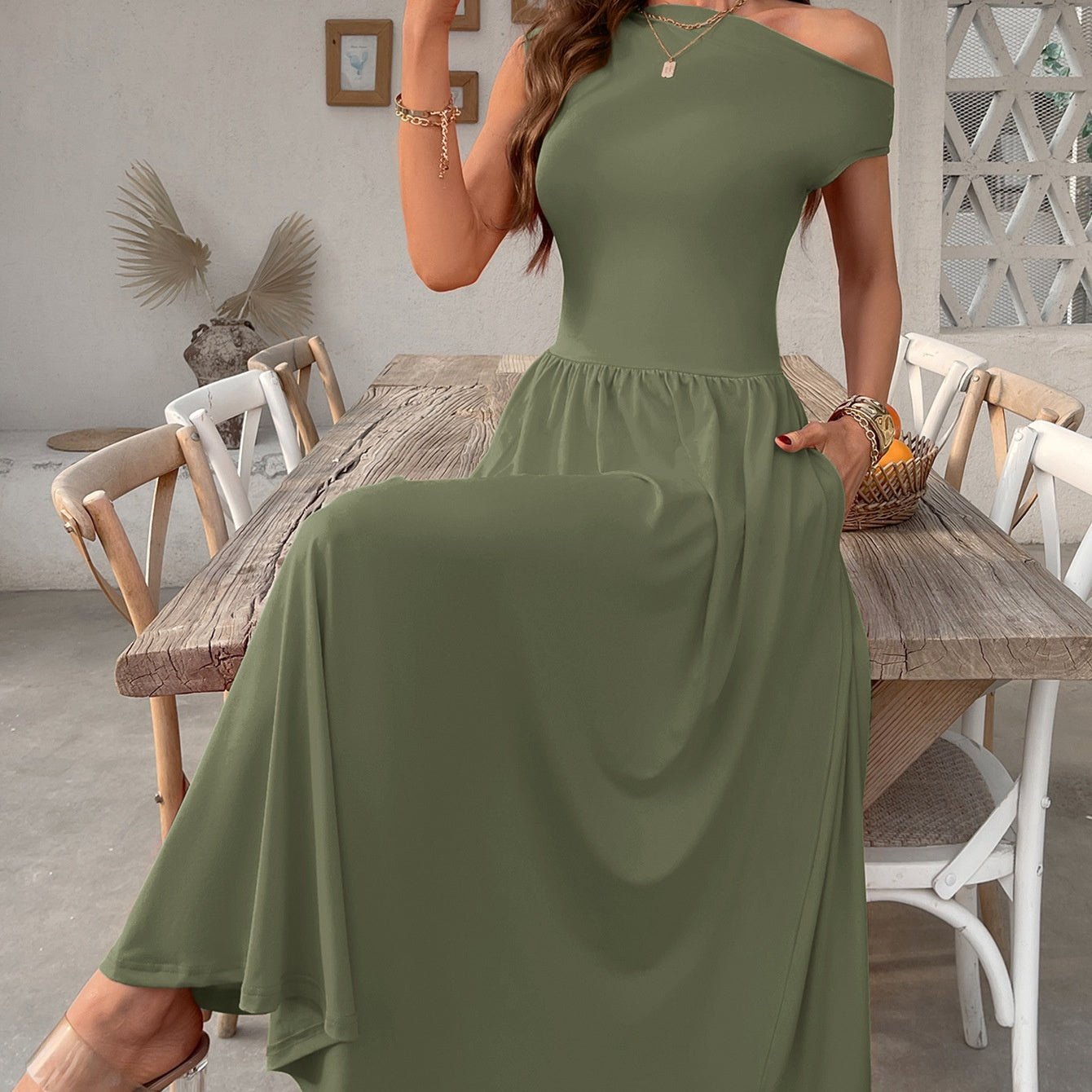 Slant Shoulder Sexy Waist Trimming Long With Pocket Dress - MH TRENDS & STYLES