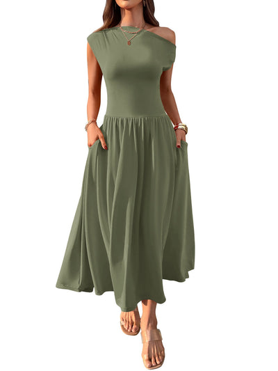 Slant Shoulder Sexy Waist Trimming Long With Pocket Dress - MH TRENDS & STYLES