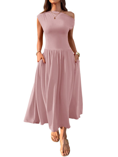 Slant Shoulder Sexy Waist Trimming Long With Pocket Dress - MH TRENDS & STYLES