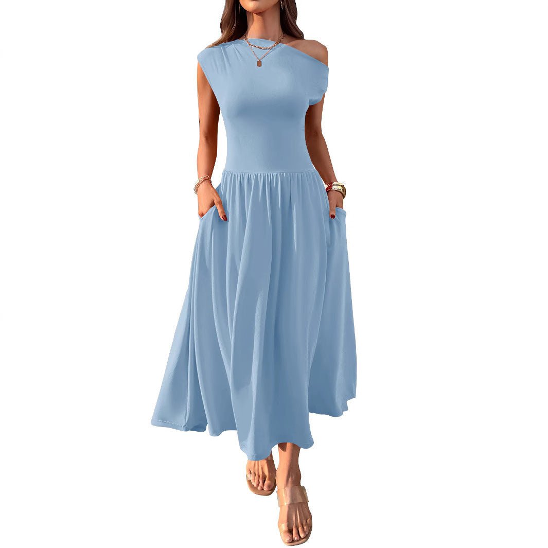 Slant Shoulder Sexy Waist Trimming Long With Pocket Dress - MH TRENDS & STYLES