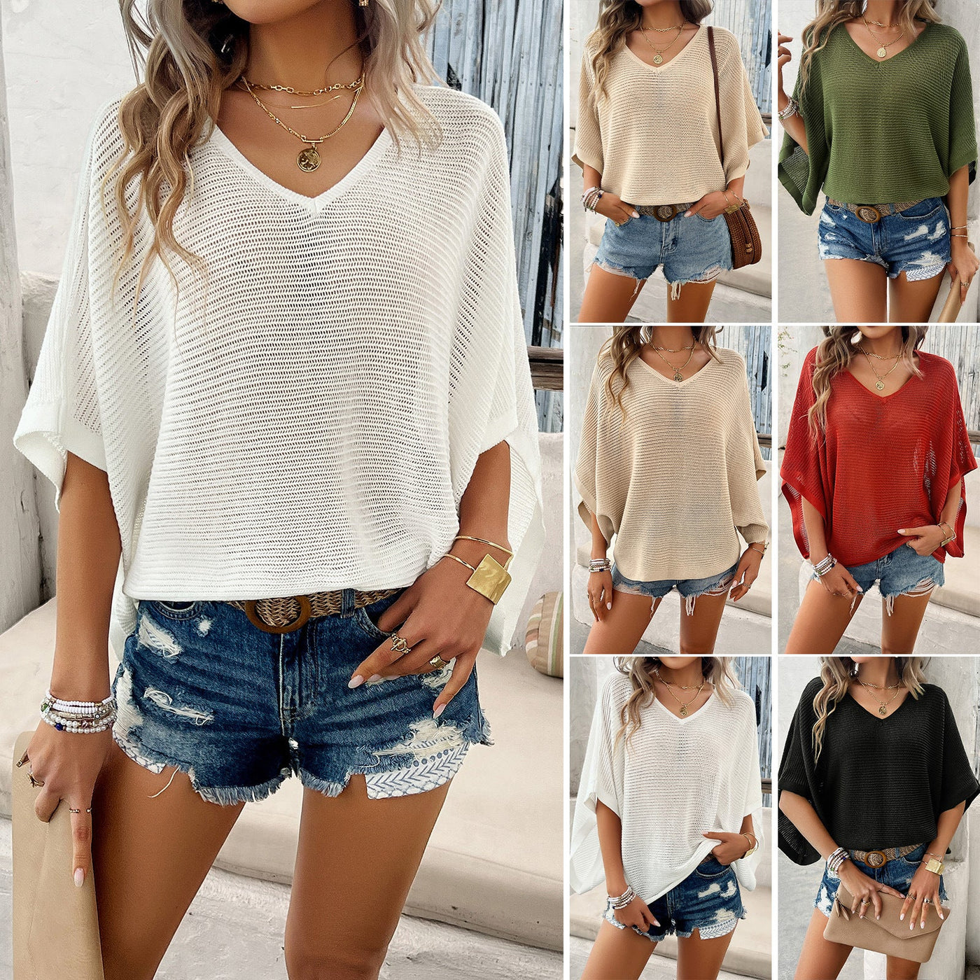 V - neck Bat Sleeve Short - sleeved T-shirt Top Summer Casual Loose Hollow Sweater Fashion Womens Clothing - MH TRENDS & STYLES