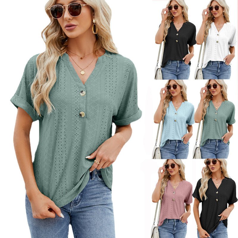 V - neck Rolled Hem Short - sleeved Top Summer Fashion Button Hollow Design Loose Casual T-shirt Womens Clothing - MH TRENDS & STYLES