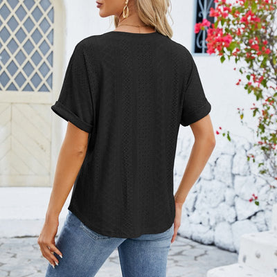 V - neck Rolled Hem Short - sleeved Top Summer Fashion Button Hollow Design Loose Casual T-shirt Womens Clothing - MH TRENDS & STYLES