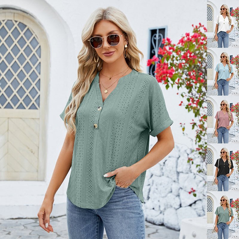 V - neck Rolled Hem Short - sleeved Top Summer Fashion Button Hollow Design Loose Casual T-shirt Womens Clothing - MH TRENDS & STYLES