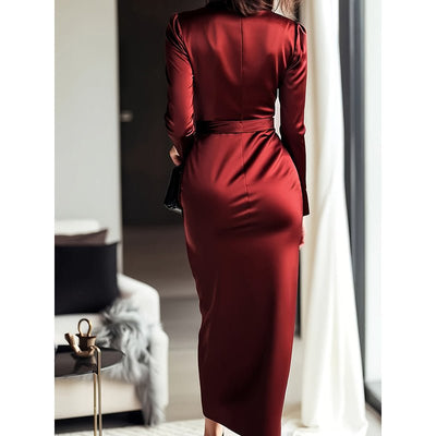 Women's Burgundy Satin Midi Dress Elegant V - Neck Long Sleeve Bodycon Dress With Belted Waist - MH TRENDS & STYLES