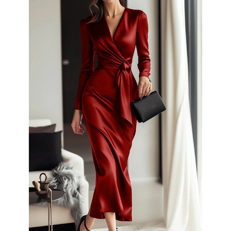 Women's Burgundy Satin Midi Dress Elegant V - Neck Long Sleeve Bodycon Dress With Belted Waist - MH TRENDS & STYLES