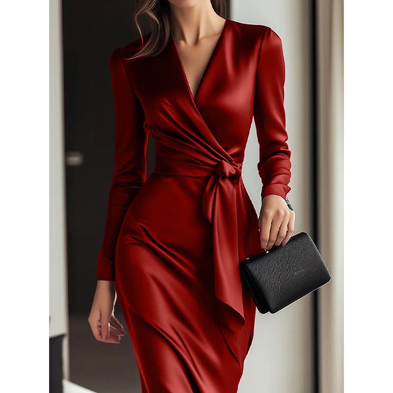 Women's Burgundy Satin Midi Dress Elegant V - Neck Long Sleeve Bodycon Dress With Belted Waist - MH TRENDS & STYLES