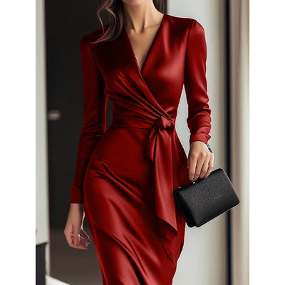 Women's Burgundy Satin Midi Dress Elegant V - Neck Long Sleeve Bodycon Dress With Belted Waist - MH TRENDS & STYLES