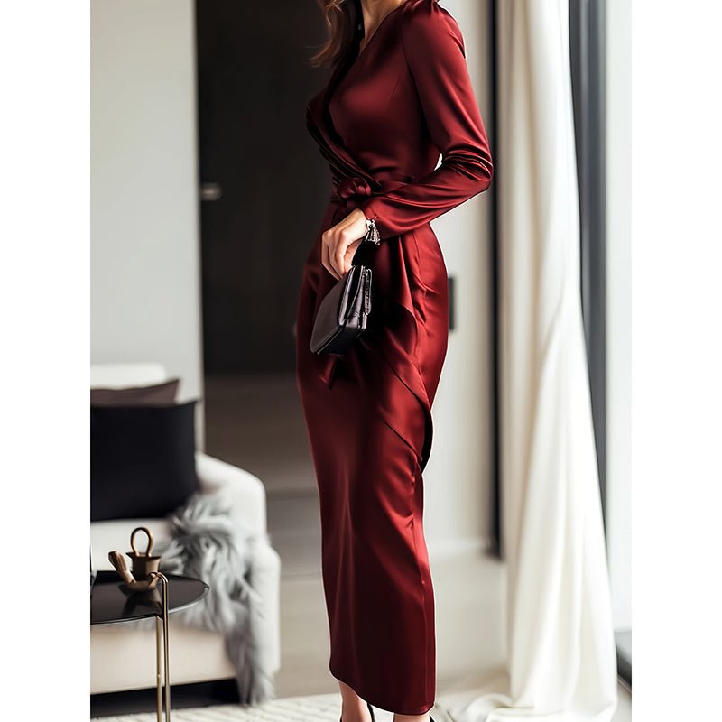 Women's Burgundy Satin Midi Dress Elegant V - Neck Long Sleeve Bodycon Dress With Belted Waist - MH TRENDS & STYLES