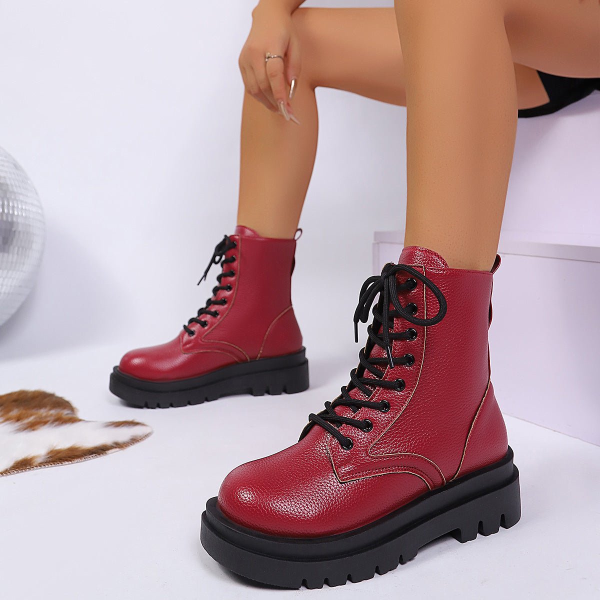 Women's Lace Up Round Toe Platform Leather Martin Boots - MH TRENDS & STYLES