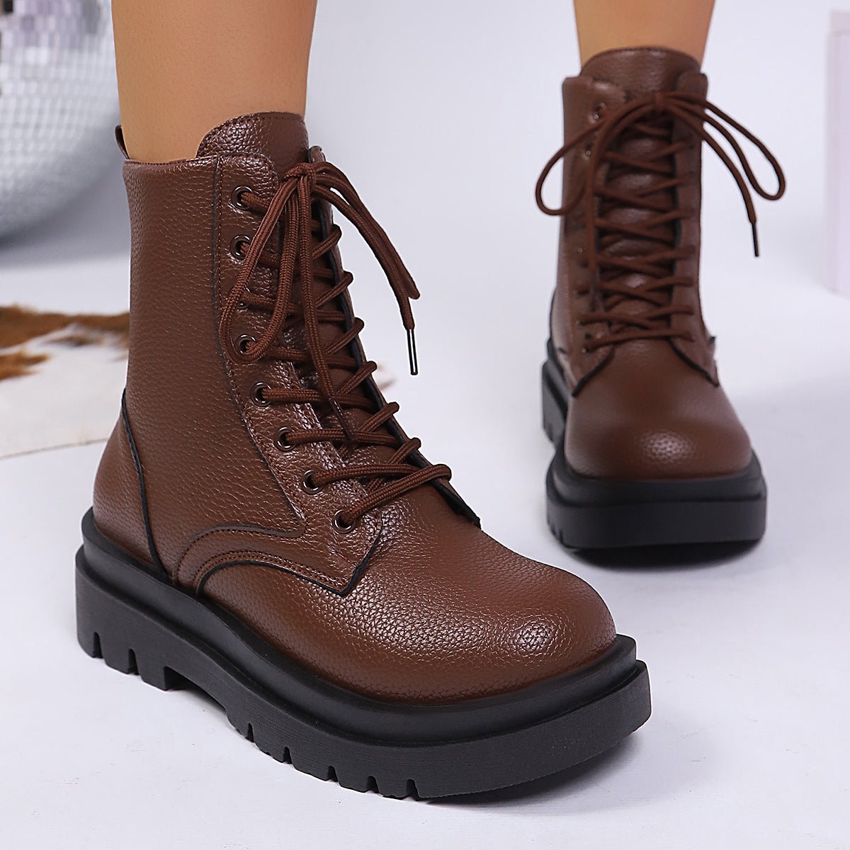 Women's Lace Up Round Toe Platform Leather Martin Boots - MH TRENDS & STYLES