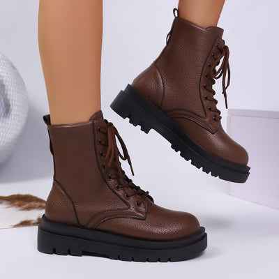 Women's Lace Up Round Toe Platform Leather Martin Boots - MH TRENDS & STYLES