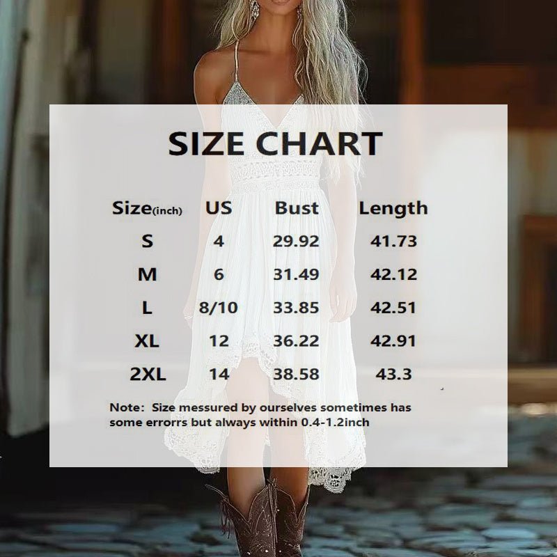 Women's Solid Color V - Neck Slip Dress With Asymmetrical Hem & Lace Trim - Bohemian Midi Dress For Summer - MH TRENDS & STYLES