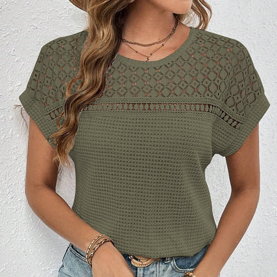 Womens Summer Dressy Casual Short Sleeve Lace Crewneck T Shirt Hollow Out Loose Blouses - MH TRENDS & STYLES