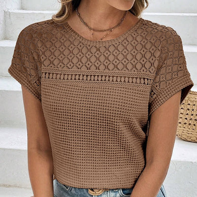 Womens Summer Dressy Casual Short Sleeve Lace Crewneck T Shirt Hollow Out Loose Blouses - MH TRENDS & STYLES